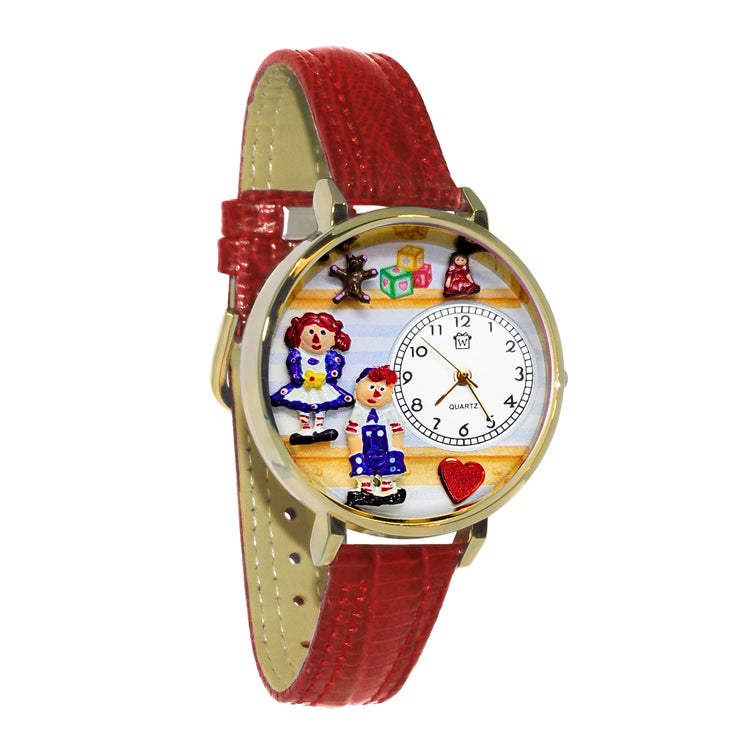 Whimsical Gifts | Raggedy Ann & Andy 3D Watch Large Style | Handmade in USA | Youth Themed | | Novelty Unique Fun Miniatures Gift | Gold Finish Red Leather Watch Band