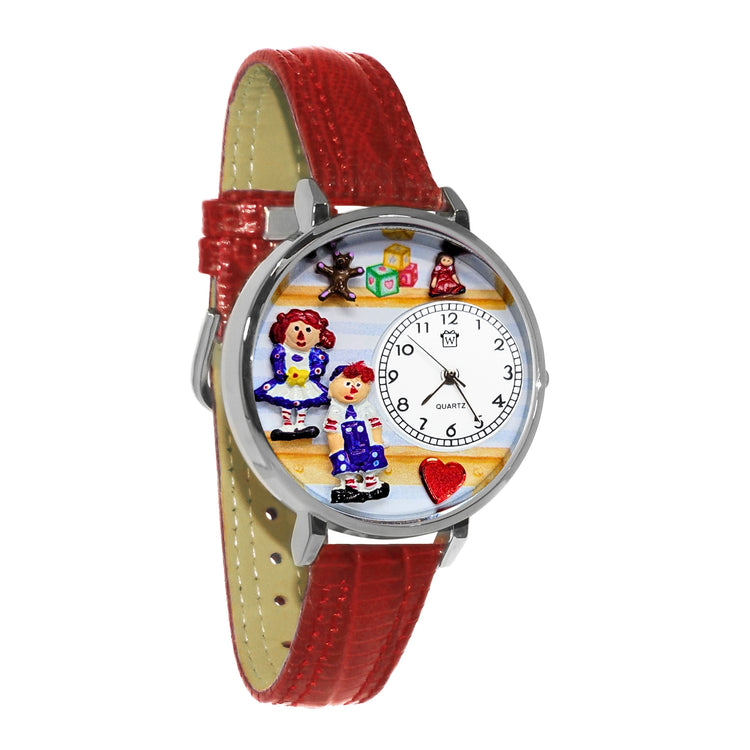 Whimsical Gifts | Raggedy Ann & Andy 3D Watch Large Style | Handmade in USA | Youth Themed | | Novelty Unique Fun Miniatures Gift | Silver Finish Red Leather Watch Band