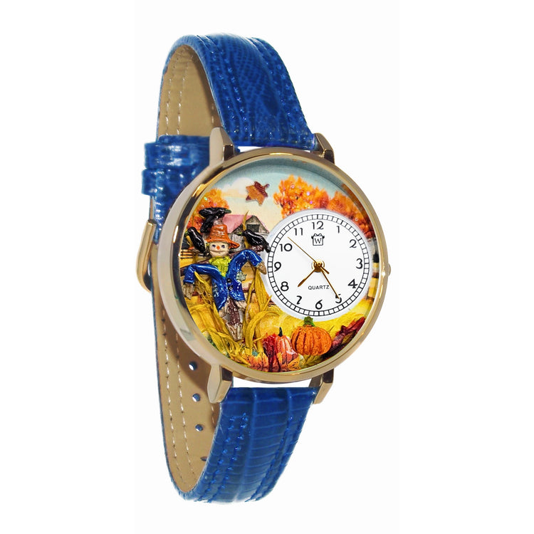 Whimsical Gifts | Fall Scarecrow 3D Watch Large Style | Handmade in USA | Holiday & Seasonal Themed | Fall & Winter | Novelty Unique Fun Miniatures Gift | Gold Finish Royal Blue Leather Watch Band