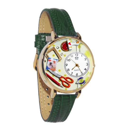 Whimsical Gifts | Scrapbooking  3D Watch Large Style | Handmade in USA | Hobbies & Special Interests | Sewing & Crafting | Novelty Unique Fun Miniatures Gift | Gold Finish GreenLeather Watch Band