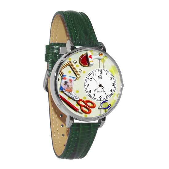 Whimsical Gifts | Scrapbooking 3D Watch Large Style | Handmade in USA | Hobbies & Special Interests | Sewing & Crafting | Novelty Unique Fun Miniatures Gift | Silver Finish GreenLeather Watch Band