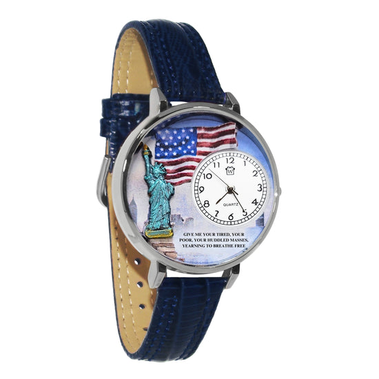 Whimsical Gifts | Statue of Liberty Ellis Island 3D Watch Large Style | Handmade in USA | Patriotic | | Novelty Unique Fun Miniatures Gift | Silver Finish Navy Blue Leather Watch