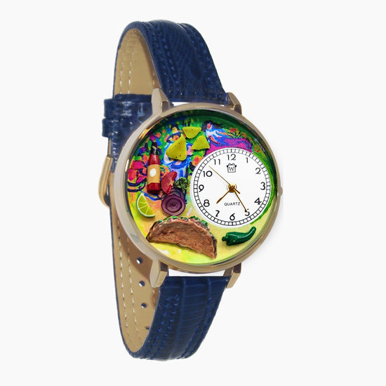 Whimsical Gifts | Taco Lover 3D Watch Large Style | Handmade in USA | Hobbies & Special Interests | Food & Wine | Novelty Unique Fun Miniatures Gift | Gold Finish Blue Leather Watch Band