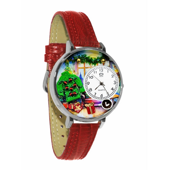 Whimsical Gifts | Ugly Christmas Sweater 3D Watch Large Style | Handmade in USA | Holiday & Seasonal Themed | Christmas | Novelty Unique Fun Miniatures Gift | Silver Finish Red Leather Watch Band