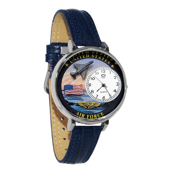 Whimsical Gifts | United States Air Force 3D Watch Large Style | Handmade in USA | Patriotic | | Novelty Unique Fun Miniatures Gift | Silver Finish Blue Leather Watch Band