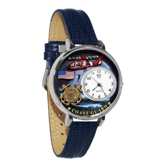 Whimsical Gifts | United States Coast Guard 3D Watch Large Style | Handmade in USA | Patriotic | | Novelty Unique Fun Miniatures Gift | Silver Finish Navy Blue Leather Watch Band