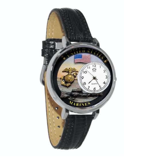 Whimsical Gifts | United States Marine Corp 3D Watch Large Style | Handmade in USA | Patriotic | | Novelty Unique Fun Miniatures Gift | Silver Finish Black Leather Watch Band