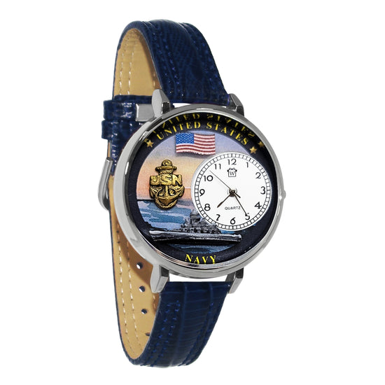 Whimsical Gifts | United States Navy 3D Watch Large Style | Handmade in USA | Patriotic Military| | Novelty Unique Fun Miniatures Gift | Silver Finish Navy Blue Leather Watch Band
