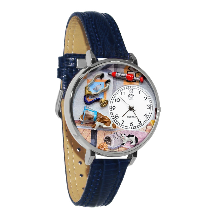 Whimsical Gifts | Veterinarian 3D Watch Large Style | Handmade in USA | Professions Themed | Pet & Animal Professions | Novelty Unique Fun Miniatures Gift | Silver Finish Blue Leather Watch Band