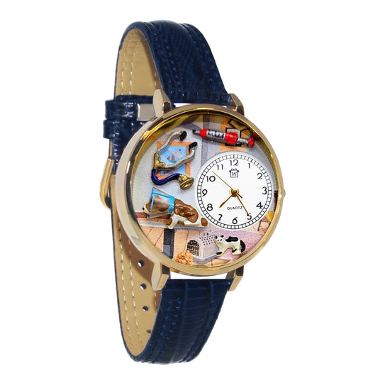 Whimsical Gifts | Veterinarian 3D Watch Large Style | Handmade in USA | Professions Themed | Pet & Animal Professions | Novelty Unique Fun Miniatures Gift | Gold Finish Blue Leather Watch Band