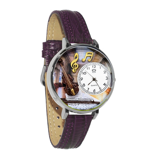 Whimsical Gifts | Violin | String Instrument 3D Watch Large Style | Handmade in USA | Hobbies & Special Interests | Music | Novelty Unique Fun Miniatures Gift | Silver Finish Dark Purple Leather Watch Band