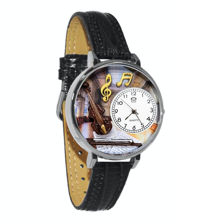 Instrument 3D Watch Large Style | Handmade in USA | Hobbies & Special Interests | Music | Novelty Unique Fun Miniatures Gift | Silver Finish Black Leather Watch Band