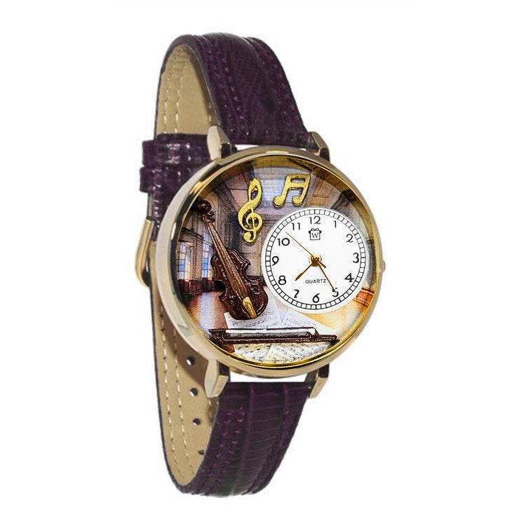 Instrument 3D Watch Large Style | Handmade in USA | Hobbies & Special Interests | Music | Novelty Unique Fun Miniatures Gift | Silver Finish Dark Purple Leather Watch Band