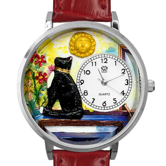 Whimsical Gifts | Basking Cat 3D Watch Large Style | Handmade in USA | Animal Lover | Cat Lover | Novelty Unique Fun Miniatures Gift | Silver Finish Red Leather Watch Band Front View