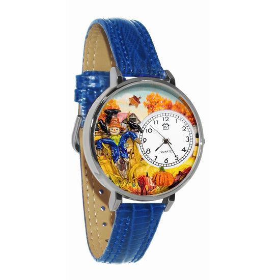 Whimsical Gifts | Fall Scarecrow 3D Watch Large Style | Handmade in USA | Holiday & Seasonal Themed | Fall & Winter | Novelty Unique Fun Miniatures Gift | Silver Finish Royal Blue Leather Watch Band