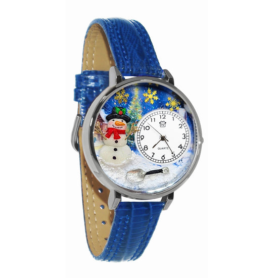 Whimsical Gifts | Snowman 3D Watch Large Style | Handmade in USA | Holiday & Seasonal Themed | Fall & Winter | Novelty Unique Fun Miniatures Gift | Silver Finish Blue Leather Watch Band