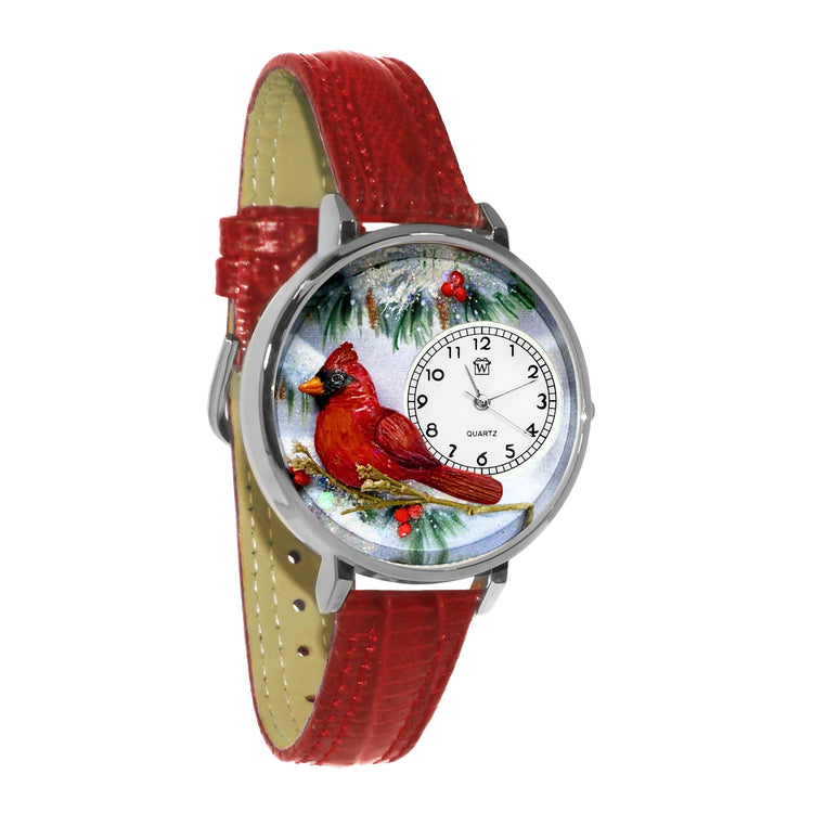 Whimsical Gifts | Cardinal 3D Watch Large Style | Handmade in USA | Animal Lover | Outdoor & Garden | Novelty Unique Fun Miniatures Gift | Silver Finish Red Leather Watch Band