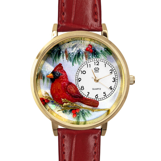 Whimsical Gifts | Cardinal 3D Watch Large Style | Handmade in USA | Animal Lover | Outdoor & Garden | Novelty Unique Fun Miniatures Gift | Gold Finish Red Leather Watch Band