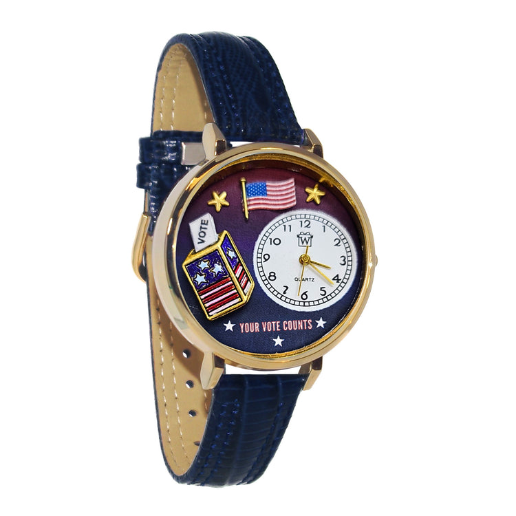 Whimsical Gifts | Your Vote Counts 3D Watch Large Style | Handmade in USA | Patriotic | | Novelty Unique Fun Miniatures Gift | Gold Finish Navy Blue Leather Watch Band