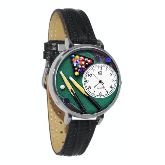 Whimsical Gifts | Billiards 3D Watch Large Style | Handmade in USA | Hobbies & Special Interests | Casino | Gaming | Game Night | Novelty Unique Fun Miniatures Gift | Silver Finish Black Leather Watch Band