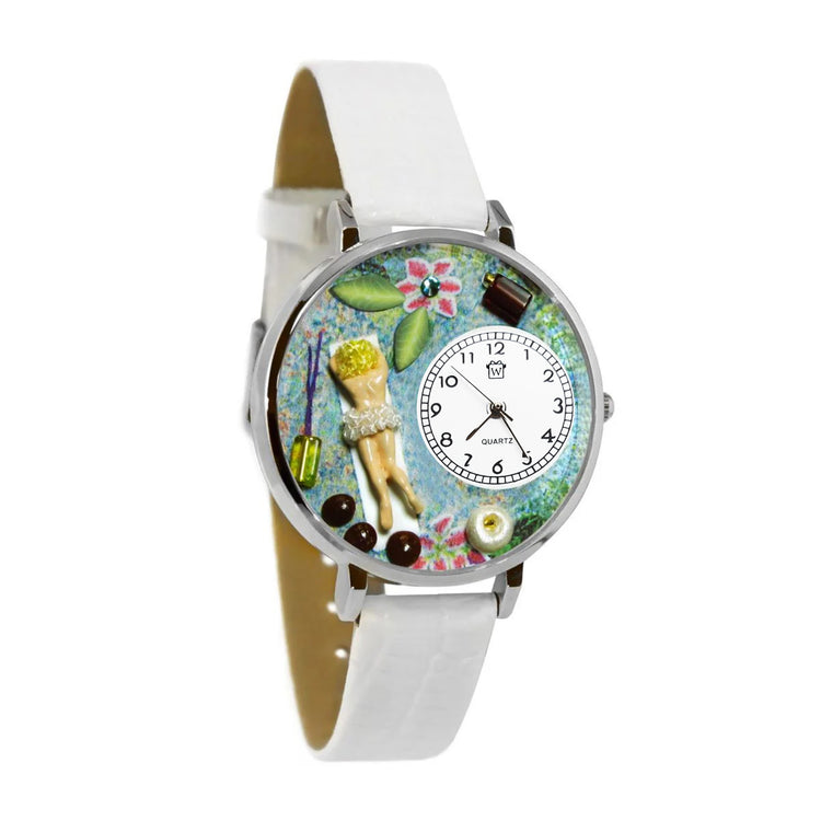 Whimsical Gifts | Massage Therapist 3D Watch Large Style | Handmade in USA | Professions Themed | Salon & Spa Professions | Novelty Unique Fun Miniatures Gift | Silver Finish White Leather Watch Band