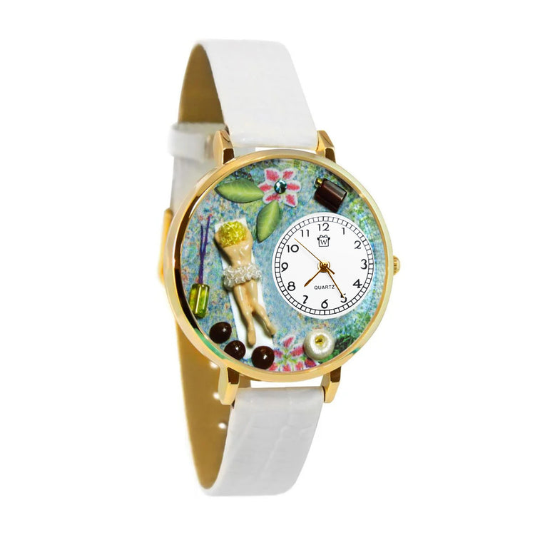 Whimsical Gifts | Massage Therapist 3D Watch Large Style | Handmade in USA | Professions Themed | Salon & Spa Professions | Novelty Unique Fun Miniatures Gift | Gold Finish White Leather Watch Band