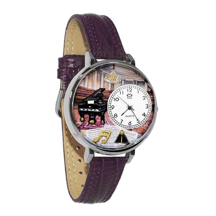 Whimsical Gifts | Piano Recital 3D Watch Large Style | Handmade in USA | Hobbies & Special Interests | Music | Novelty Unique Fun Miniatures Gift | Silver Finish Dark Purple Leather Watch Band