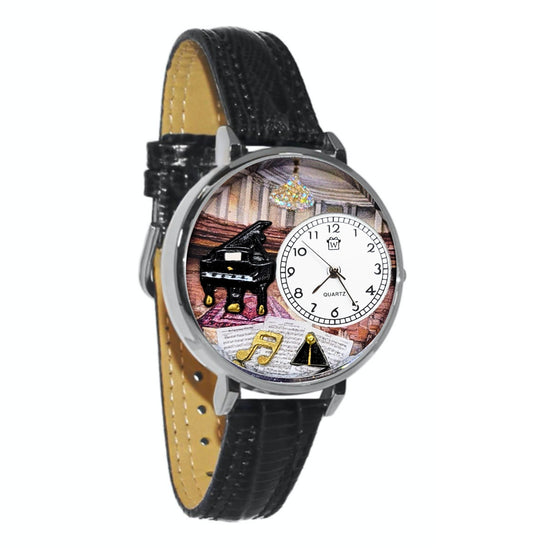 Whimsical Gifts | Piano Recital 3D Watch Large Style | Handmade in USA | Hobbies & Special Interests | Music | Novelty Unique Fun Miniatures Gift | Silver Finish Black Leather Watch Band