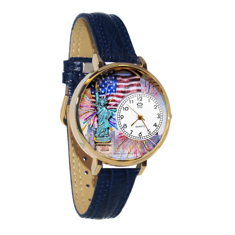 Whimsical Gifts | Statue of Liberty 4th of July 3D Watch Large Style | Handmade in USA | Patriotic | | Novelty Unique Fun Miniatures Gift | Gold Finish Navy Blue Leather Watch Band