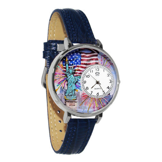 Whimsical Gifts | Statue of Liberty 4th of July 3D Watch Large Style | Handmade in USA | Patriotic | | Novelty Unique Fun Miniatures Gift | Silver Finish Navy Blue Leather Watch Band