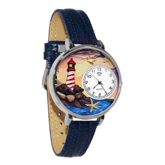Whimsical Gifts | Sunset Lighthouse 3D Watch Large Style | Handmade in USA | Holiday & Seasonal Themed | Spring & Summer Fun | Novelty Unique Fun Miniatures Gift | Silver Finish Navy Blue Leather Watch Band