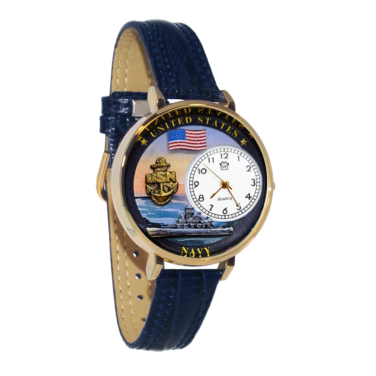 Whimsical Gifts | United States Navy 3D Watch Large Style | Handmade in USA | Patriotic Military| | Novelty Unique Fun Miniatures Gift | Gold Finish Navy Blue Leather Watch Band