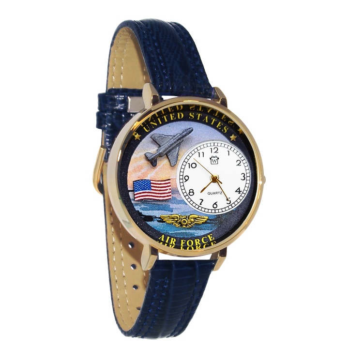 Whimsical Gifts | United States Air Force 3D Watch Large Style | Handmade in USA | Patriotic | | Novelty Unique Fun Miniatures Gift | Gold Finish Blue Leather Watch Band