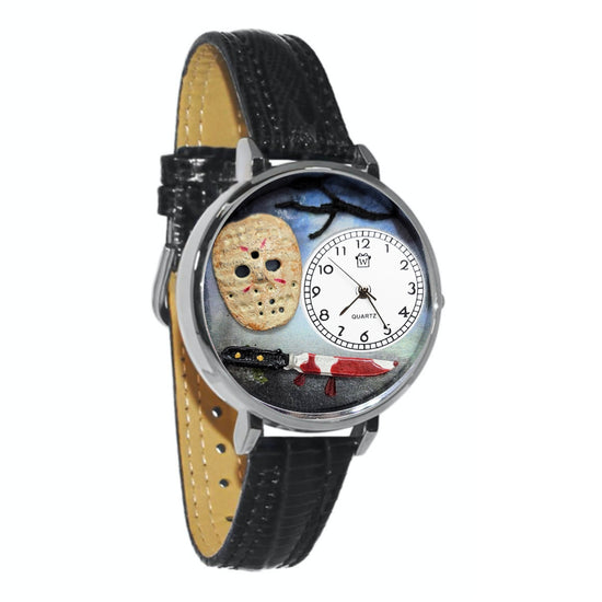 Whimsical Gifts | Halloween Jason Mask 3D Watch Large Style | Handmade in USA | Holiday & Seasonal Themed | Halloween | Novelty Unique Fun Miniatures Gift | Silver Finish Black Leather Watch Band