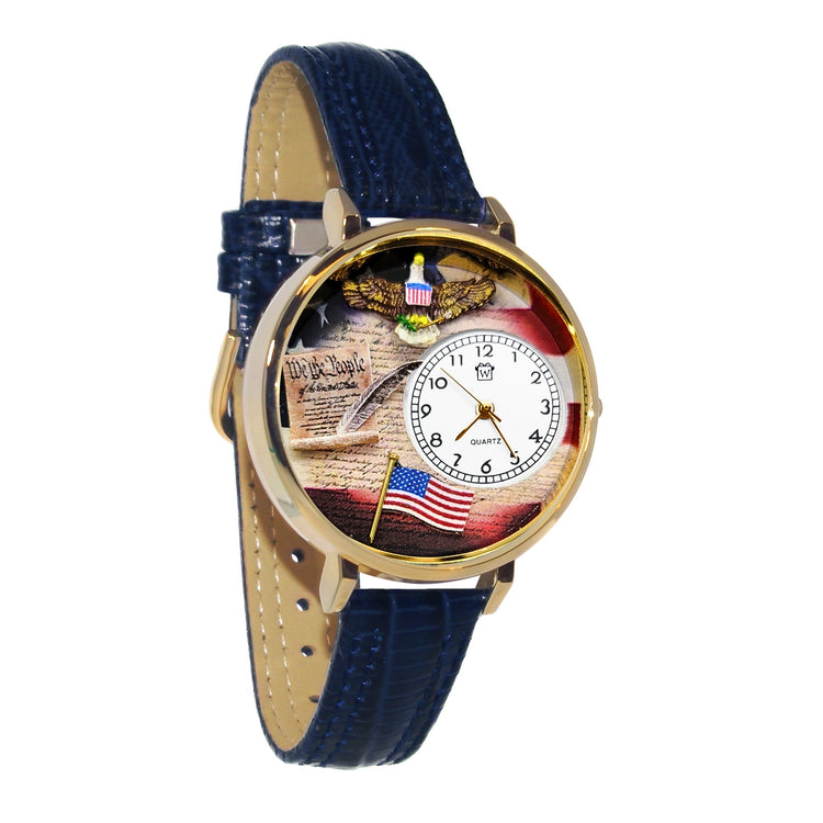 Whimsical Gifts | American Patriotic Stars and Stripes 3D Watch Large Style | Handmade in USA | Patriotic | | Novelty Unique Fun Miniatures Gift | Gold Finish Navy Blue Leather Watch Band