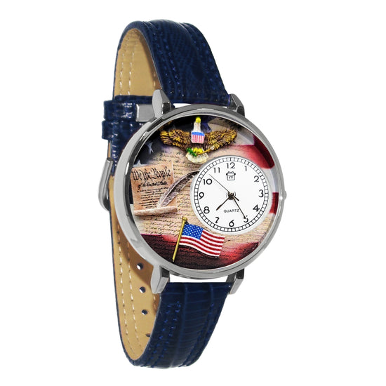 Whimsical Gifts | American Patriotic Stars and Stripes 3D Watch Large Style | Handmade in USA | Patriotic | | Novelty Unique Fun Miniatures Gift | Silver Finish Navy Blue Leather Watch Band