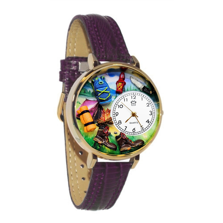 Whimsical Gifts | Hiking Camping 3D Watch Large Style | Handmade in USA | Hobbies & Special Interests | Outdoor Hobbies | Novelty Unique Fun Miniatures Gift | Gold Finish Purple Leather Watch Band