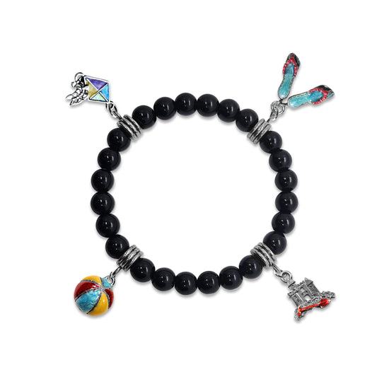 Whimsical Gifts | Beach Fun Genuine Onyx Charm Bracelet | Handmade in USA | 4 Hand-Painted Charms| Stretch Bracelet| Antique Silver | Jewelry