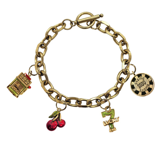 Whimsical Gifts | Casino Slots Jackpot Toggle Charm Bracelet | 4 Handpainted Charms | Antique Gold Finish | Hobbies & Special Interests | Casino | Gaming | Game Night Jewelry