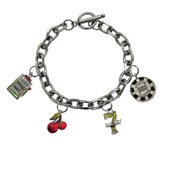 Whimsical Gifts | Casino Slots Jackpot Toggle Charm Bracelet | 4 Handpainted Charms | Antique Silver Finish | Hobbies & Special Interests | Casino | Gaming | Game Night Jewelry
