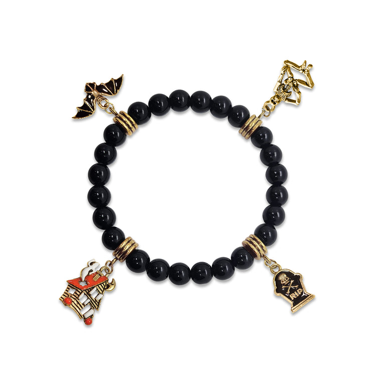 Whimsical Gifts | Halloween Haunted House Genuine Onyx Charm Bracelet | Handmade in USA | 4 Hand-Painted Charms| Stretch Bracelet| Antique Gold | Jewelry