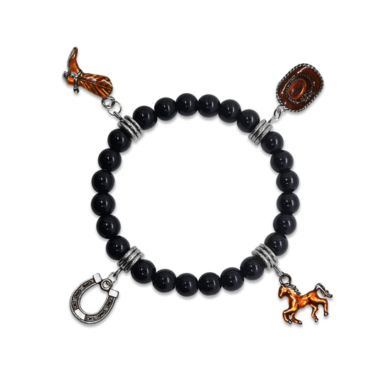 Whimsical Gifts | Horse Lover Genuine Onyx Charm Bracelet | Handmade in USA | 4 Hand-Painted Charms| Stretch Bracelet| Antique Silver | Jewelry