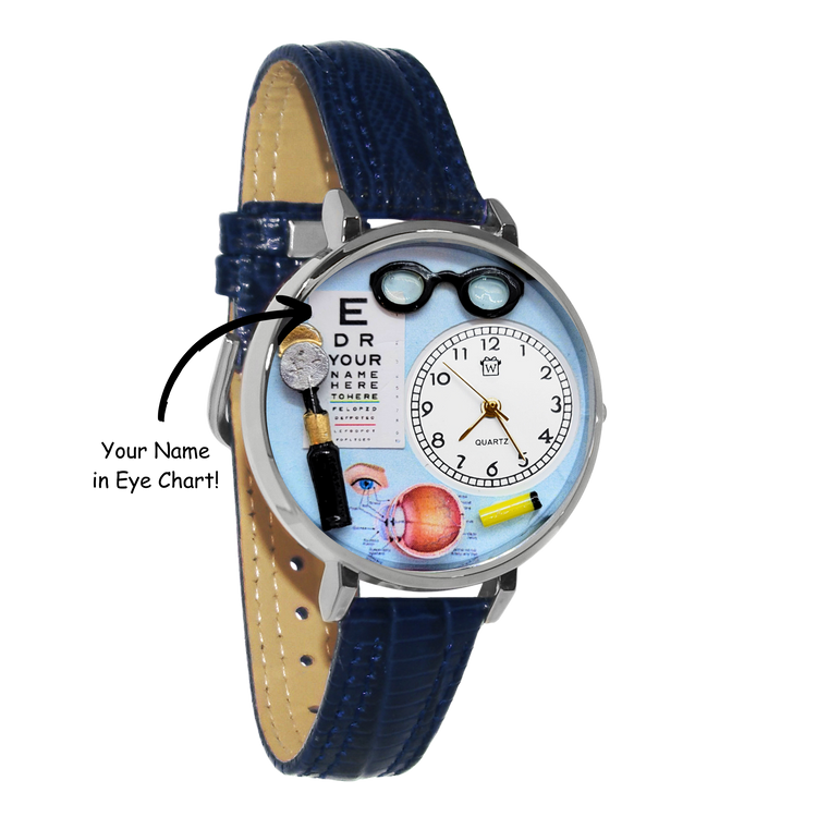 Whimsical Gifts | Personalized Optometrist | Optician 3D Watch Large Style | Handmade in USA | Professions Themed | Medical | Novelty Unique Fun Miniatures Gift | Silver Finish Navy Blue Leather Watch Band