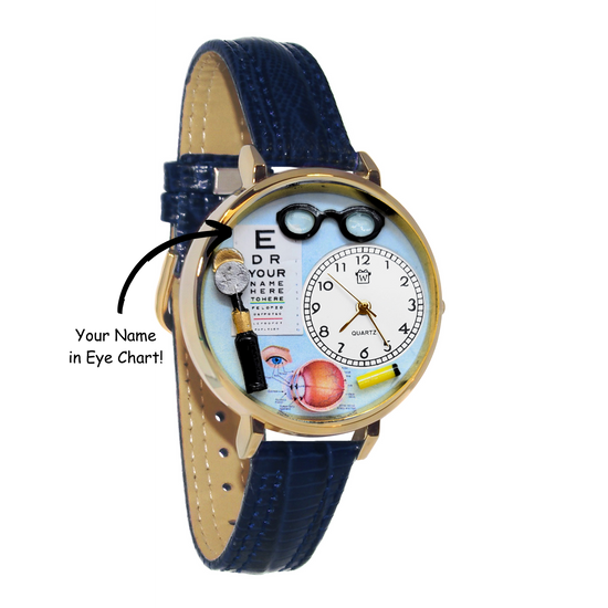Whimsical Gifts | Personalized Optometrist | Optician 3D Watch Large Style | Handmade in USA | Professions Themed | Medical | Novelty Unique Fun Miniatures Gift | Gold Finish Navy Blue Leather Watch Band
