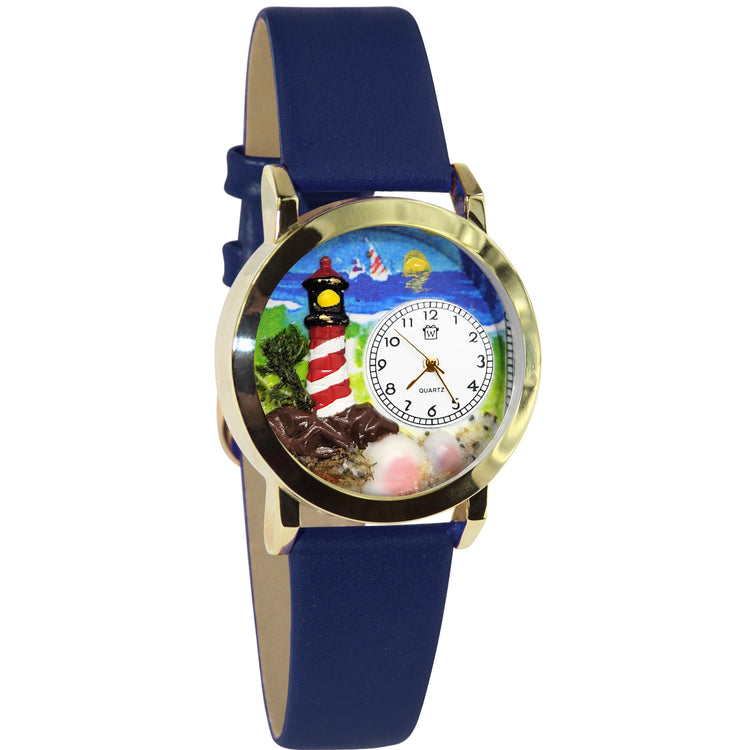 Whimsical Gifts | Lighthouse 3D Watch Small Style | Handmade in USA | Holiday & Seasonal Themed | Spring & Summer Fun | Novelty Unique Fun Miniatures Gift | Gold Finish Blue Leather Watch Band