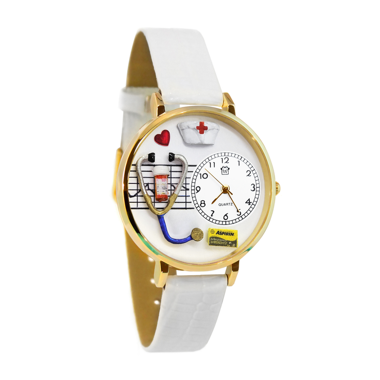 Whimsical Gifts | Nurse Red Cross 3D Watch Large Style | Handmade in USA | Professions Themed | Nurse | Novelty Unique Fun Miniatures Gift | Gold Finish White Silicone Watch Band