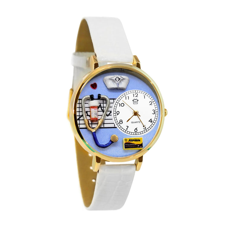 Whimsical Gifts | Nurse Blue 3D Watch Large Style | Handmade in USA | Professions Themed | Nurse | Novelty Unique Fun Miniatures Gift | Gold Finish White Leather Watch Band