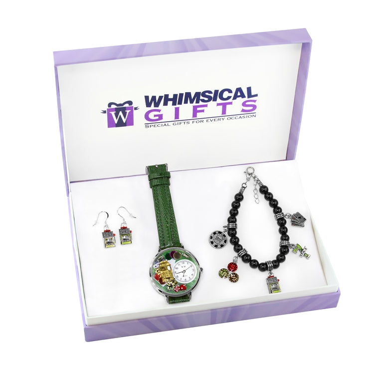 Whimsical Gifts | Casino Watch-Earrings-Bracelet 3 Piece Jewelry Gift Set in Silver Finish | Hobbies & Special Interests | Casino | Gaming | Game NightJewelry