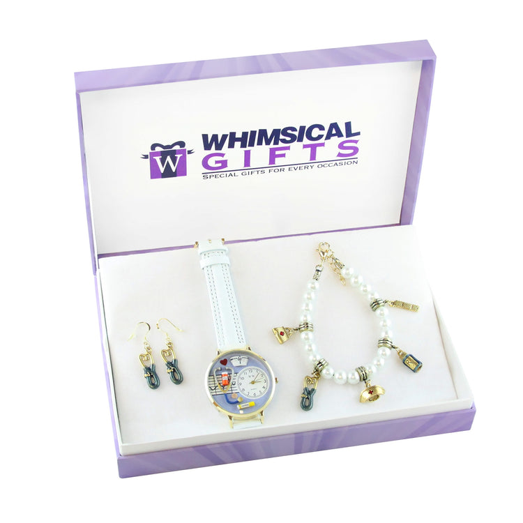 Whimsical Gifts | Nurse Watch-Earrings-Bracelet 3 Piece Jewelry Gift Set in Gold Finish | Professions Themed | NurseJewelry
