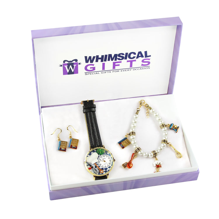 Whimsical Gifts | Chef Watch-Earrings-Bracelet 3 Piece Jewelry Gift Set in Gold Finish | Hobbies & Special Interests | Chef | Cooking | BakingJewelry